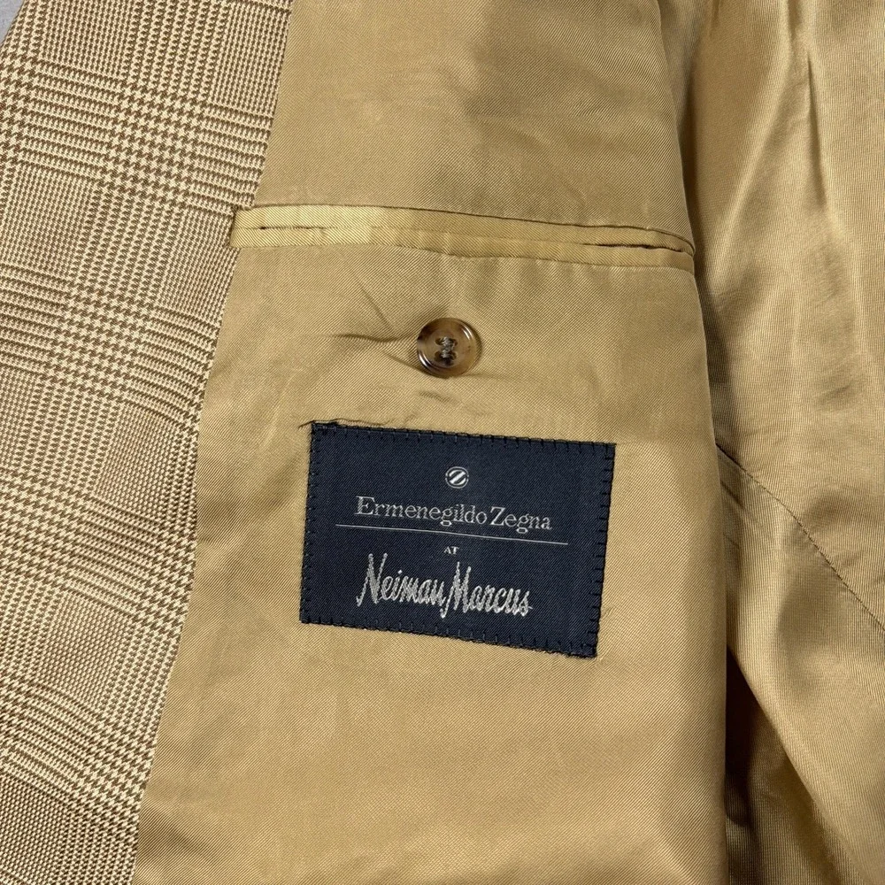 Ermenegildo Zegna Blazer Mens EU 54 Beige Silk Wool Plaid Sport Coat Jacket